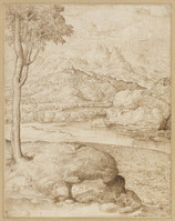 K VII 004
<br/>
Bergachtig landschap met rivier bij regen
<br/>
<em>Campagnola, Domenico (1482/1500-1564)</em>
